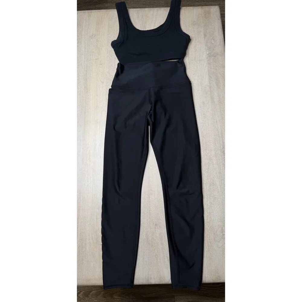 Alo Yoga SET Airlift 7/8 Length Leggings AND Wellness Ribbed Bra in Black XS